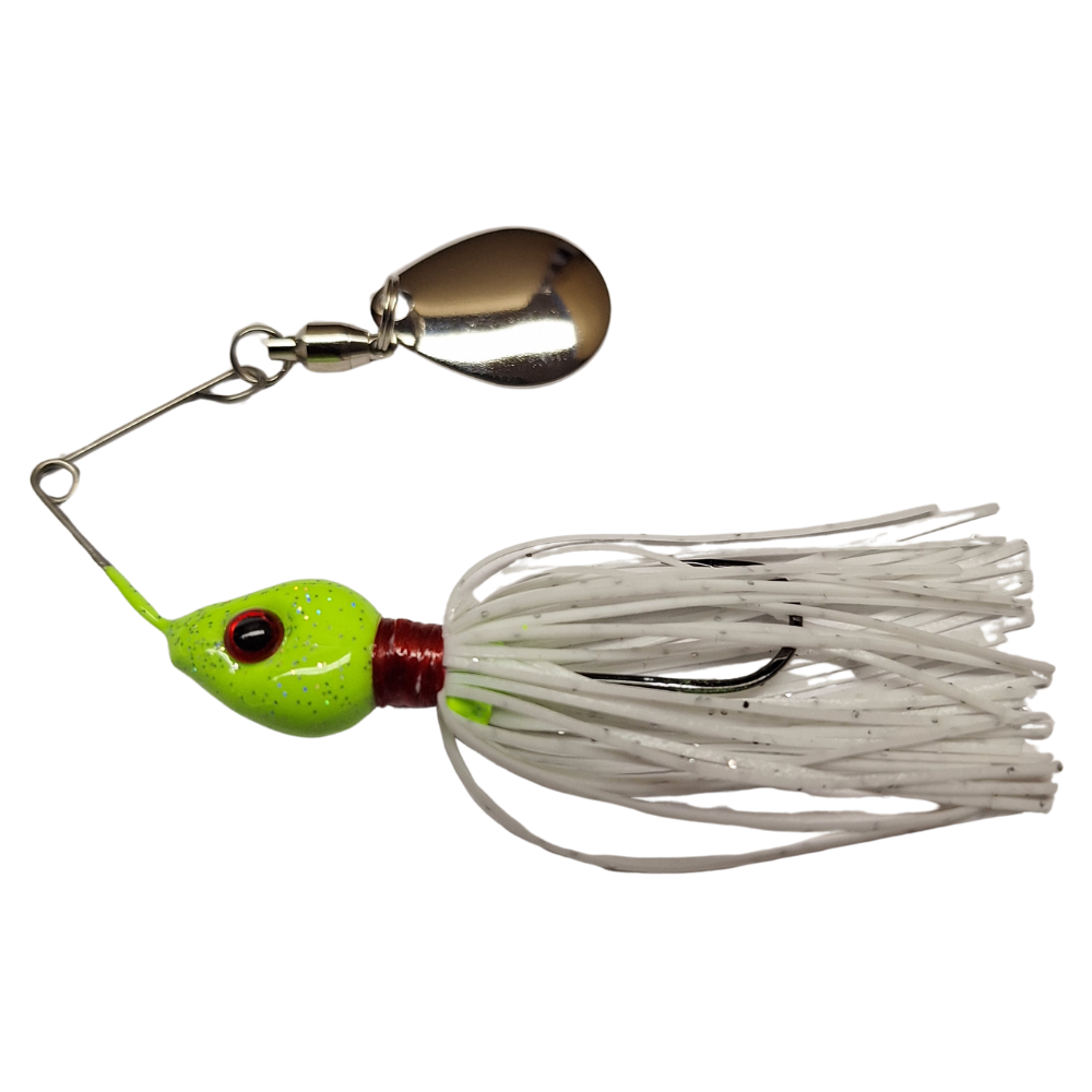 A spinnerbait fishing lure with a green head, white artificial skirt, and a silver-colored blade.